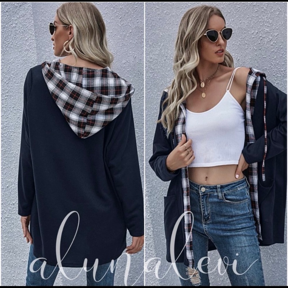 HP💥Black Plaid Hoodie Jacket Coat with Pockets - Picture 4 of 6